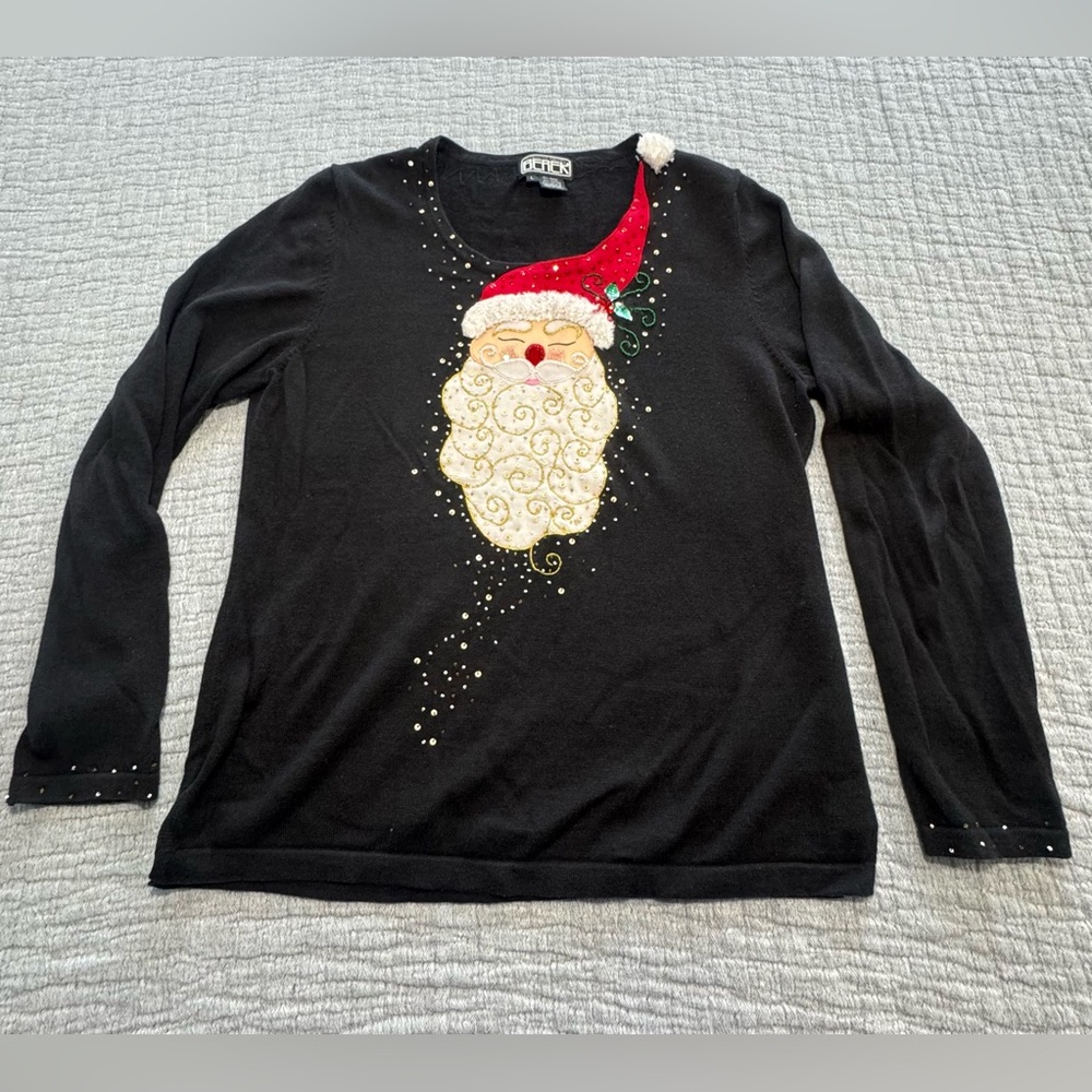 Vintage Berek 2 Santa Ugly Christmas Sweater Large Black Sequins Ramie Blend
